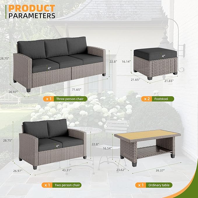 Outdoor Patio Sectional Sofa Set, 4-Piece Rattan Furniture, Patio Conversation Sets with Fire Pit, Swivel Sofa, Seats 2, Dark Grey
