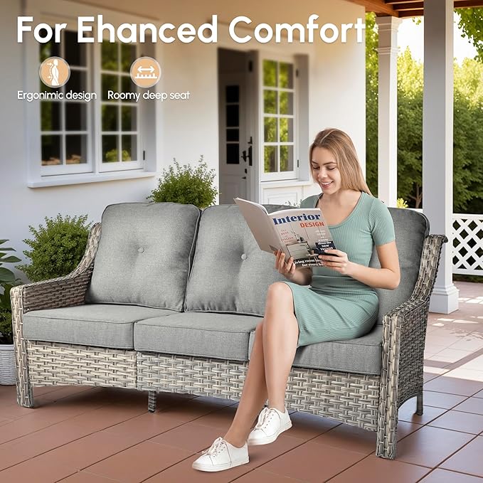 5 Pieces Patio Outdoor Furniture Set with Swivel Rocking Chairs,All Weather Wicker Rattan Patio Seating Sofa and Chair Set w/Glowing Table,Outdoor Conversation Sets for Deck Yard Garden,Dark Grey