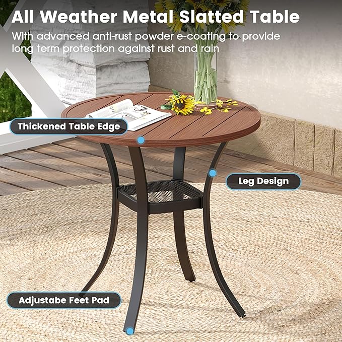 DIFY 27.6" Round Patio Dining Table, Outdoor Bistro Table with Rust Resistant Metal Frame, Ideal for Lawn, Backyard and Deck, Walnut