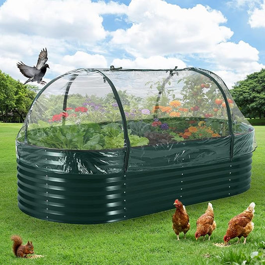 Oval Galvanized Raised Garden Bed Kit with Zippered PVC Cover, Easy Assembly, Thick Metal Outdoor Planter Box for Vegetables, Flowers, Patio Gardening, Dark Green