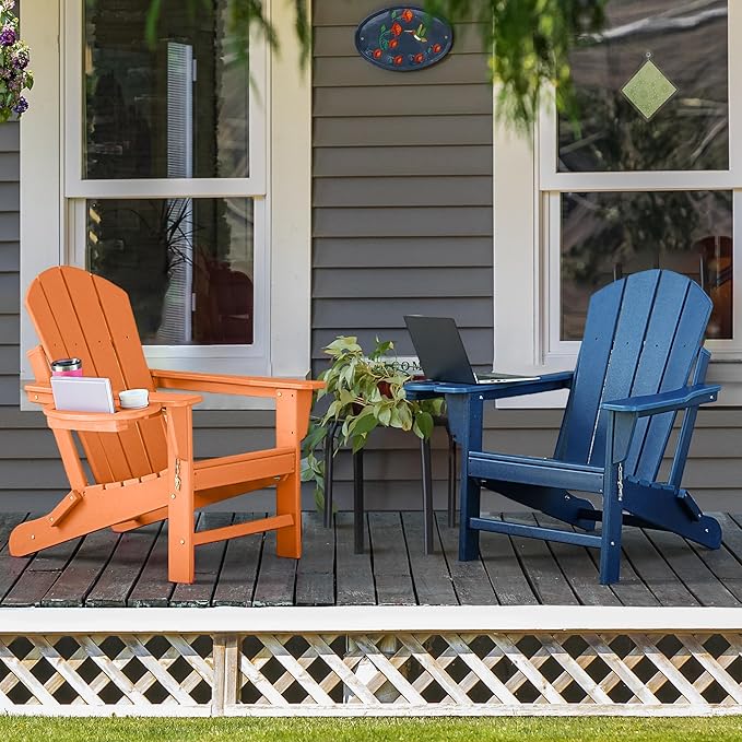 Adirondack Chair Set of 6, HDPE Folding Adirondack Chair with Multifunctional Cup Holder, Weather Resistant Fire Pit Chair for porches, patios, poolsides, Decks.