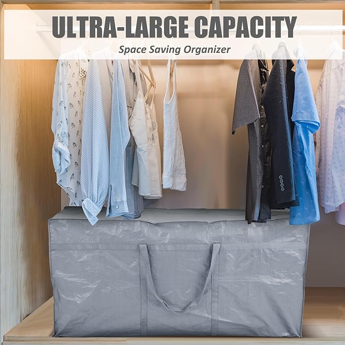 Windyun 4 Pack 69 Gallon Extra Large Storage Bags XXL Moving Bags with Zipper Handles Heavy Duty Jumbo Big Tote Box for Christmas Tree Storage 4, 5, 7.5, 9, 10, 12 ft Skeleton College Dorm(Silver)
