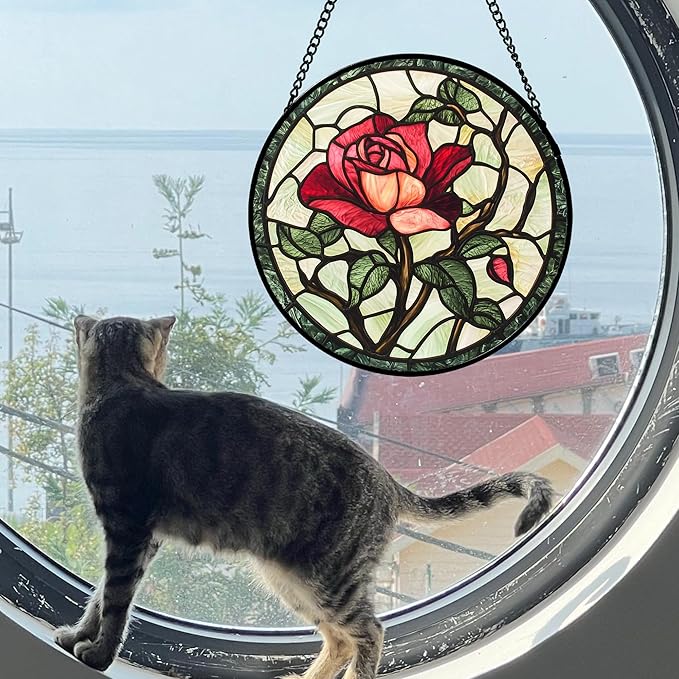 AMDERVEN Stained Glass Window Hanging, Red Rose Flowers Sun Catcher for Door Garden Home Decor Suncatcher Christmas Mother's Day Birthday Gifts for Women Lovers Men Wife Girlfriend Mom Nana 7.8 in