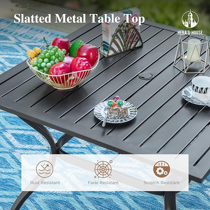 HERA'S HOUSE 37" Square Outdoor Dining Table for 4, 4-Person Metal Steel Slat Patio Table with Umbrella Hole for Lawn Garden Backyard, Black