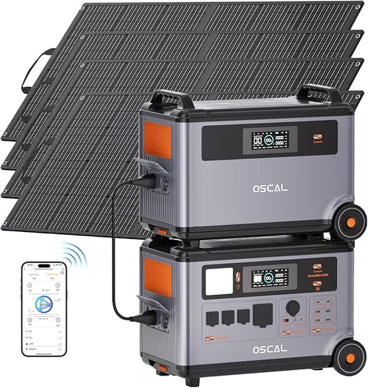 OSCAL 6000W(9000W Peak) Portable Solar Power Station with 4 * 100W Solar Panels, 3600Wh LiFePO4 Battery with 3600Wh Expansion Battery Pack, 2400W Solar Charging Generator for Camping, Home, Emergency