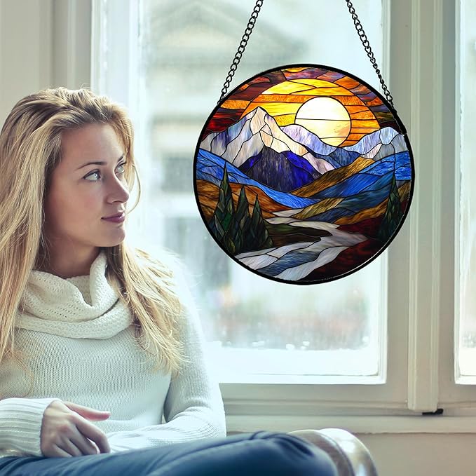 AMDERVEN Stained Glass Window Hanging, Yellow Blue Sunset Mountains Scenery Sun Catcher for Window Home Decor Landscape Suncatcher Mother's Day Birthday Gifts for Women Men Mom and Nana 6.3 in