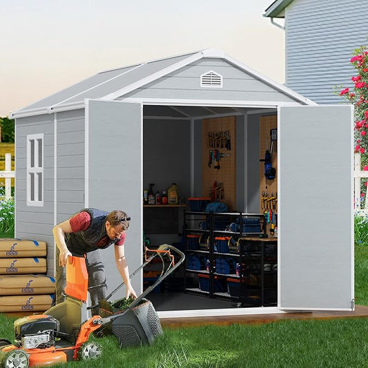 8x6 FT Resin Outdoor Storage Shed with Floor, Weather-Resistant Plastic Garden Shed with Windows, Lockable Door and Vents, Outside Tool Storage Sheds for Backyard, Garden, Lawn, Grey