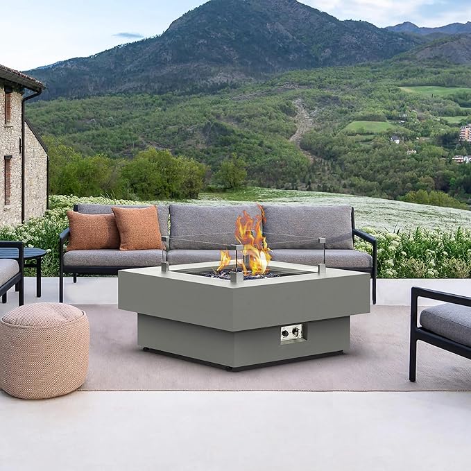 32.5-inch Fire Table with Natural Gas Conversion Kit & Wind Glass Shield, 50,000BTU Outdoor Modern Patio Fire Pit Table w/Square Burner Lid, Glass Rocks, Cover