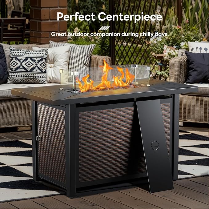 Luxury High Back Outdoor Furniture with 6-inch Extra Thick Cushions, Patio Furniture Set with Fire Pit Table & Swivel Chairs, 9 PCS Wicker Conversation Set for Yard, Deck, Poolside, Brown/Grey