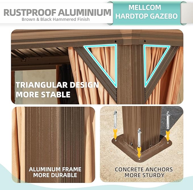 MELLCOM 14' x 22' Hardtop Gazebo,Galvanized Steel Metal Double Roof with Curtain and Netting,Brown Permanent Pavilion Gazebos with Aluminum Frame for Patios,Gardens,Lawns