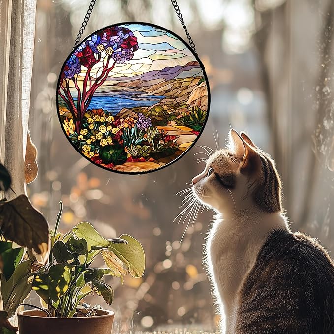 QZQCBLC Stained Glass Window Hanging Retro Wildflowers Lake Mountain Scenery 6.3" - Suncatcher Door Garden Sun Catcher Home Decor Birthday Christmas for Mom Men Woman Friend
