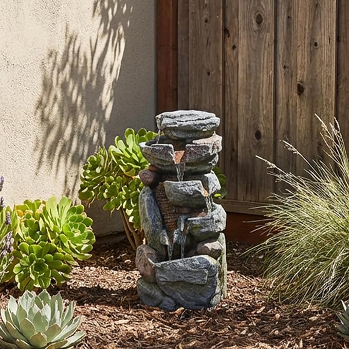 Bumilgar Water Features Outdoor Patio 6-Tier Cascading Rock Water Fountain 31.5''Water Fall Fountain Outside Resin Fountain with Light Mossy Rock Floor Garden Fountain Indoor for Relaxation Home Decor