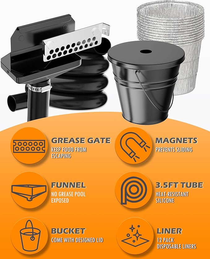 Upgraded Rear Grease Drainage Funnel for Blackstone, Griddle Grease Catcher, 304 Stainless Steel Grease Gate, 0.6 Gal Capacity Bucket W/Lid, 12 Aluminum Drip Liners, Blackstone Griddle Accessories