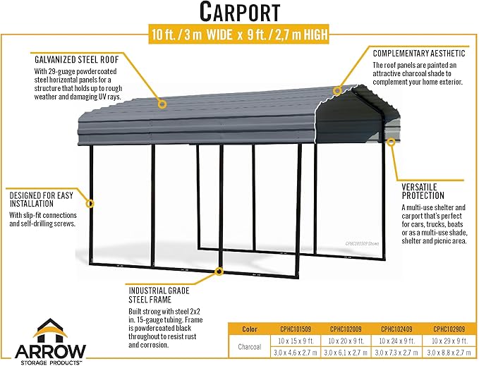 Arrow Carports Galvanized Steel Carport, Compact Car Metal Carport Kit, 10' x 24' x 9', Charcoal