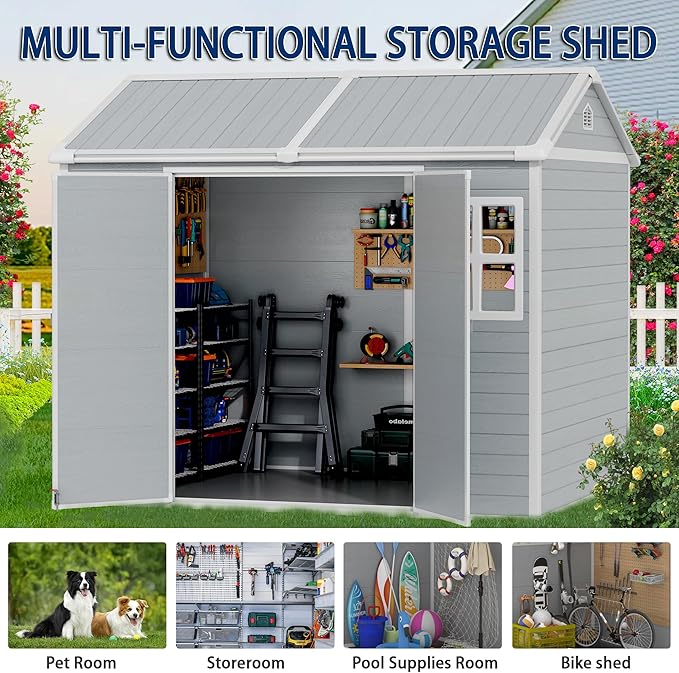 6x8 FT Resin Outdoor Storage Shed with Floor, Weather-Resistant Plastic Garden Shed with Windows, Lockable Door and Vents, Outside Tool Storage Sheds for Backyard, Garden, Lawn, Grey