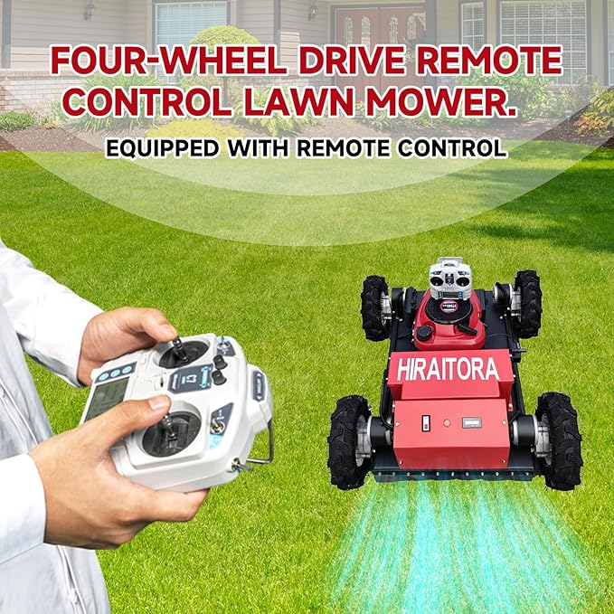 Remote Control Lawn Mower, Basic Edition – 7.5HP Gas Engine, 30° Hill Climbing, 4WD Compact All-Terrain Grass Cutter for Farm & Orchard (Crawler Track Version)