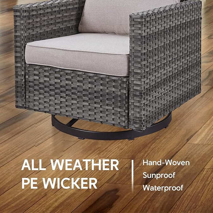 6 Piece Wicker Patio Furniture Set - Outdoor Swivel Rocker Chairs Set with Side Table, 3 Seat Sofa and Ottomans, Small Patio Conversation Sets Proch Furniture for Balcony Deck - Grey/Beige