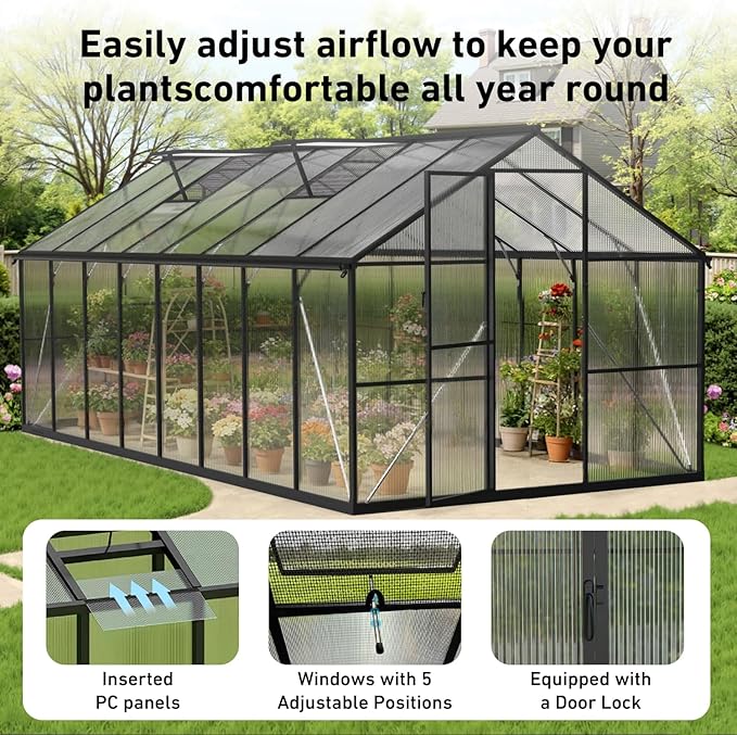 8x16 FT Outdoor Greenhouse, Aluminum Frame Quick Lock System, Large Walk-in Garden Greenhouse for Vegetables, Flowers & Plants, with Sliding Door & Screened Vent Window, Black