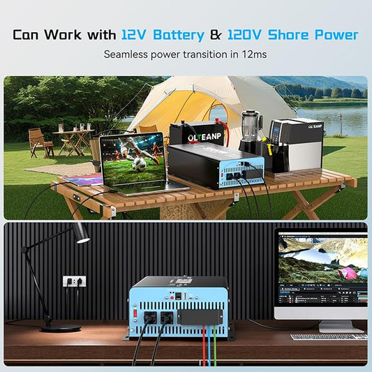 3500W Pure Sine Wave Inverter with Transfer Switch, 12V DC to 120V AC Converter with 2AC Outlets, USB Port, Type-C Port, Remote Controller, Power Inverter for RV, Outdoor, Auto Swtich to Shore Power