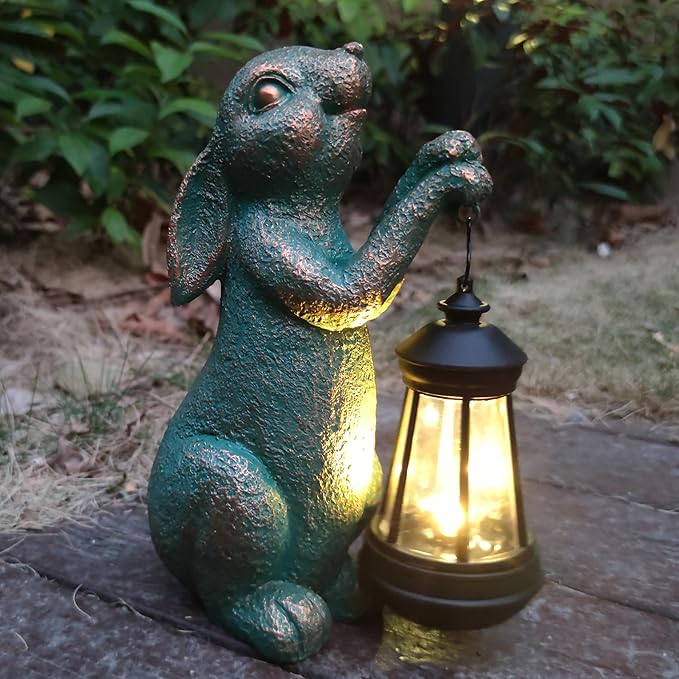 RCTTICUU Rabbit Garden Statue Outdoor Décor with Solar Lights Lantern,Rabbit Solar Light Figurines Outside Decorations for Yard，Lawn, Patio, Balcony, Unique Housewarming Gifts