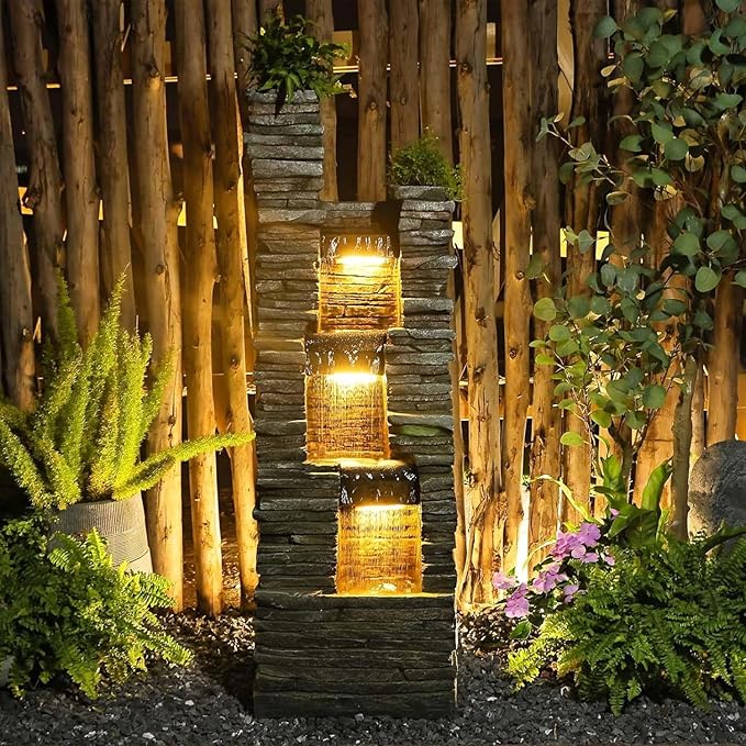 Bumilgar 47" H Garden Water Fountain Outdoor with LED Lights & Pump, 3-Tier Cascading Outdoor Fountain for Garden,Patio,Porch,Backyard,Home Art Decor (Gray)
