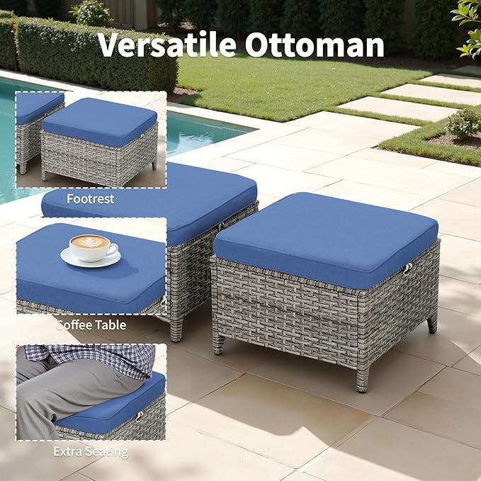 Outdoor Patio Furniture Sofa Set - 3 Pieces PE Wicker Patio Furniture Section Couch with Multifunctional Ottoman, All Weather Patio Conversation Set for Deck Balcony Garden Gray/Blue