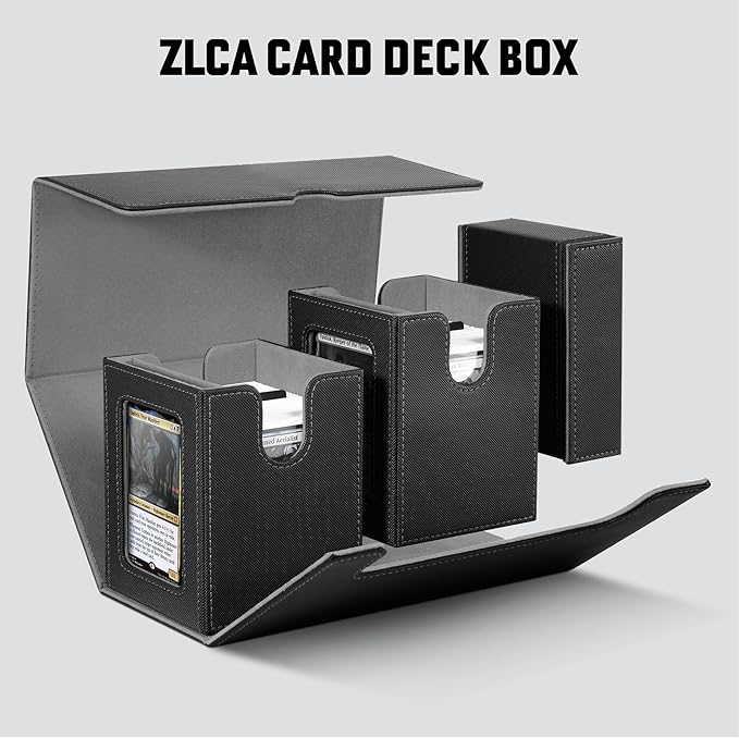 ZLCA Card Deck Box with Commander window Display, MTG Deck Box with Dice Tray Holds 200+ Double-Sleered Cards,Card Storage Case fit for YuGiOh,MTG,Sport (Black&Grey)