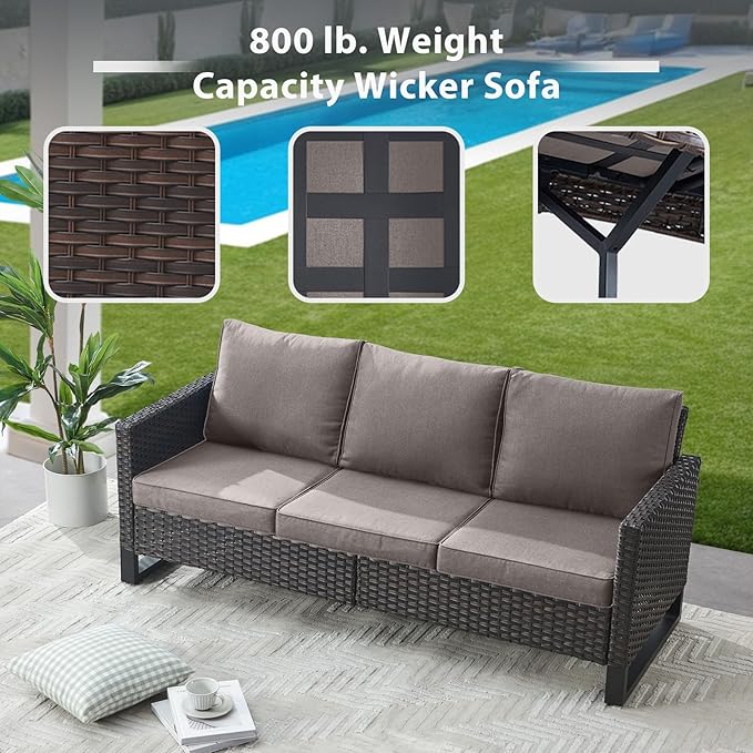 4 Piece Wicker Patio Furniture with Fire Pit Table - Outdoor Conversation Set with 50,000 BTU Fire Pit, All Weather Rattan Patio Set for Deck Backyard Garden - Brown Wicker Grey Cushion