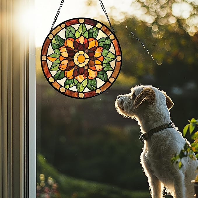 AMDERVEN Stained Glass Window Hanging - Yellow Green Boho Style Flowers Sun Catcher for Door Garden Home Decor Suncatcher Christmas Mother's Day Birthday Gifts for Women Mom Girl Nana Friend 11.8 in