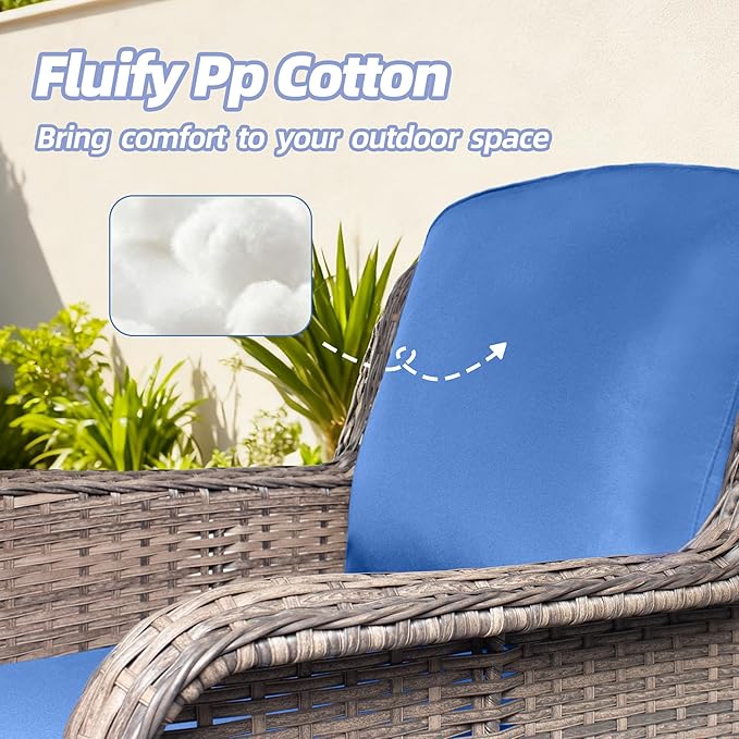 4 Pcs High Back Wicker Patio Chairs Set with Ottoman, Outdoor Porch Chair with Thick Cushion for Balcony Deck Yard and Porch, Blue