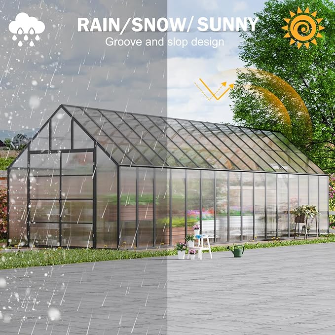 CDCASA 10x32 FT Greenhouse for Outdoors,Large Easy Assembly Thicker Aluminum Polycarbonate Greenhouses w/7 Windows, Double Doors, Walk-in Green House for Outside,Patio,Backyard,Garden