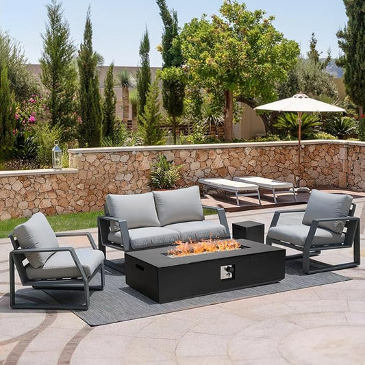 NAGA HABNA 56 Inch Propane Fire Pit Table, Outdoor Rectangle Fire Table w Tank Table (50,000 BTU), 2 Piece Gas Fire Pit in Black w White Fire Glass for Garden, Pool, Backyard