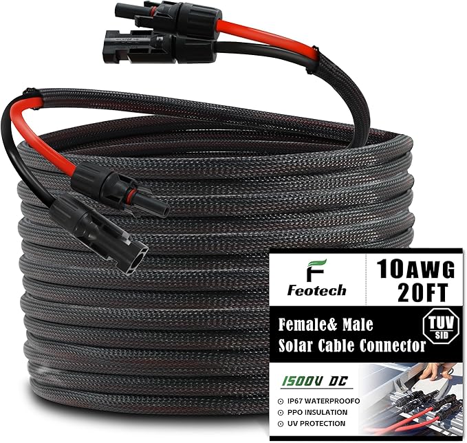 Twin Wire 20FT Solar Extension Cable - 10AWG (6mm²) Solar Panel Connector, with 4 Pairs-IP67-Male/Female Solar connectors for Outdoor Automotive RV Boat Marine Solar Panel- Black & Red