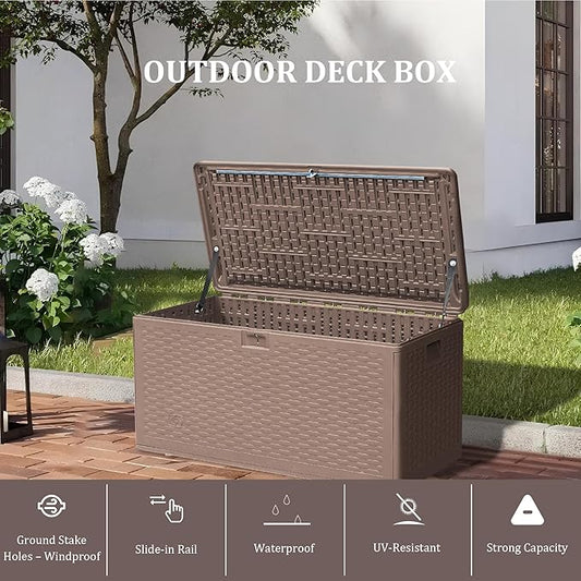 73GAL Brown Blow - Molded Outdoor Deck Box with Lock Hole - Waterproof, SGS - Protected from UV, Spacious for Garden Equipment and Pool Toys Storage, Easy to Assemble