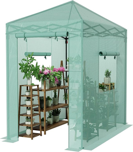 Greesum 6x4 FT Portable Small Greenhouse with PE Cover, Zippered Door and 2 Roll-up Windows, Easy Assemble(Green)