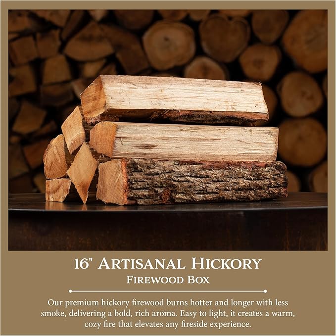 Cutting Edge Firewood - Artisanal Hickory Firewood Box | Premium Kiln-Dried Hardwood | Hot, Long-Lasting Burn with Rich Aroma | Low-Smoke Firewood for Indoor & Outdoor Use Ultra-Clean Logs