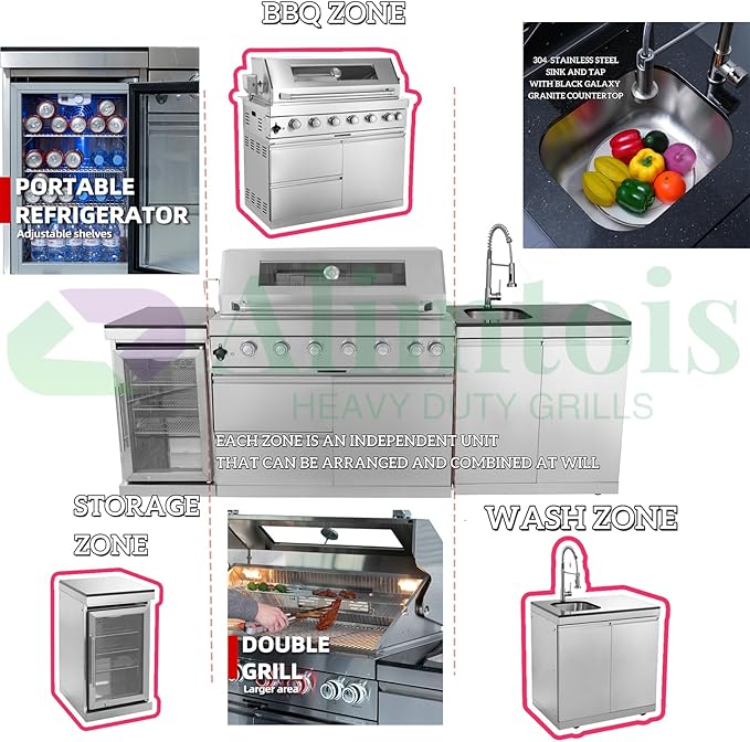 BBQ Island Outdoor Kitchen: 96-Inch 6-Burner 85000 BTU Modular Outdoor Grill Islands with Grill + Wine Cooler Refrigerator + Rotisserie + / Steel Sink/Storage Cabinets & Drawers