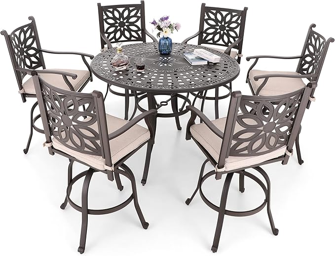 MFSTUDIO Cast Aluminum Round Patio Dining Table, 54" Outdoor Bar Height Table, Metal Patio Bistro Table with Umbrella Hole, Retro Design Outdoor Dining Table for 4-6