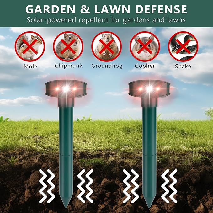 4 Pack 2025 Upgraded Solar Ultrasonic Animal Repellent Outdoor – Motion Activated Deer, Squirrel, Cat, Raccoon, Dog & Bird Deterrent with Multi-Frequency LED Strobe & Ultrasonic Sweep for Yard Lawn