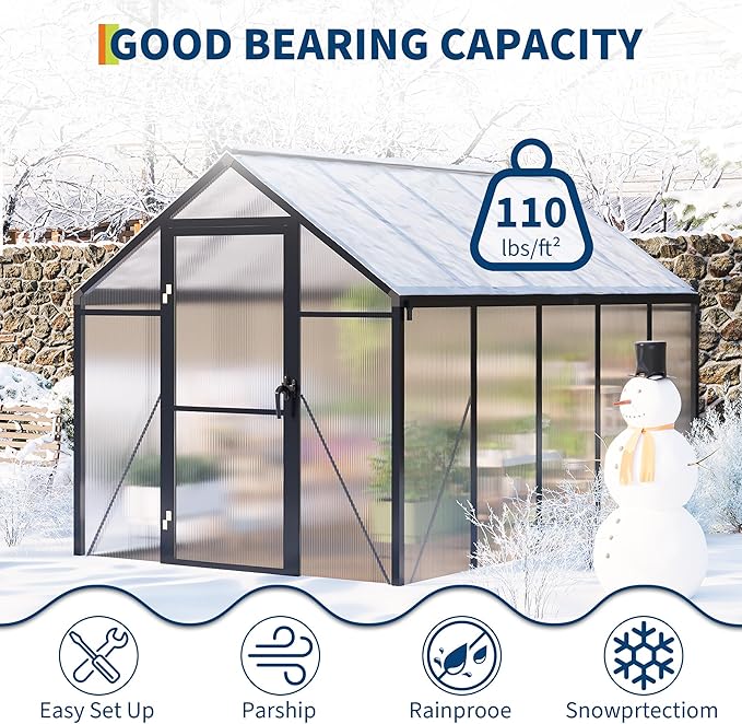 6×10 FT Greenhouse, Large Walk in Greenhouses for Outdoors and Garden Planting, Polycarbonate Greenhouse with Enhanced Aluminum Frame, Green Houses with Quick Setup Structure and Roof Vent, Black