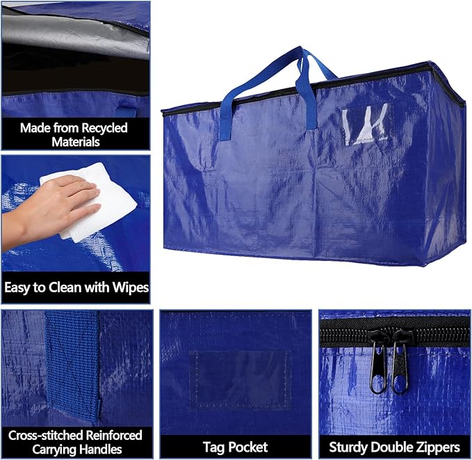 12 Pack Waterproof Moving Bags with Strong Zippers and Reinforced Handles, Real 100lb Capacity Extra Heavy Duty Large Storage Totes for Packing & Moving Storing, Alternative to Moving Boxes -95L,Blue