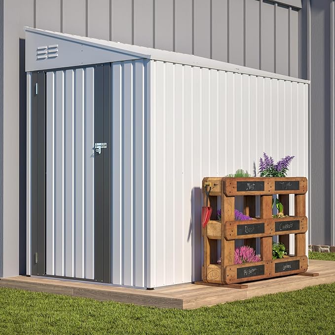4x7 FT Metal Outdoor Storage Shed, Lean-to Garden Tool and Bike Shed with Lockable Door and Air Vents, Waterproof Sloped Roof Steel Utility Shed for Backyard, Patio, Lawn Equipment, White