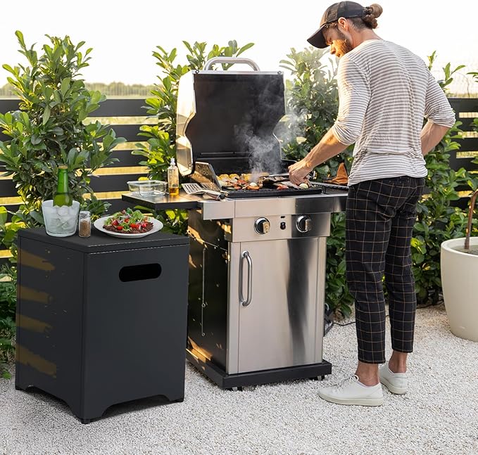 Outvita Outdoor Propane Tank Cover Table, 16in Propane Tank Storage Box with Carry Handle, Powder-Coated Steel, Multi - Use as Side Table for Patio, Garden & Living Room, 16 * 16 * 21inch, Black