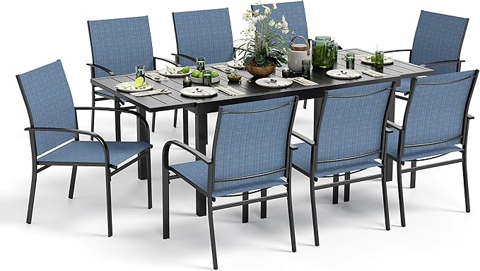 9 Pieces Patio Table and Chairs Set, Patio Dining Set for 8, 8 Textilene Chairs and 1 Expandable Patio Dining Table with Umbrella Hole, for Deck Backyard Lawn Poolside, Blue