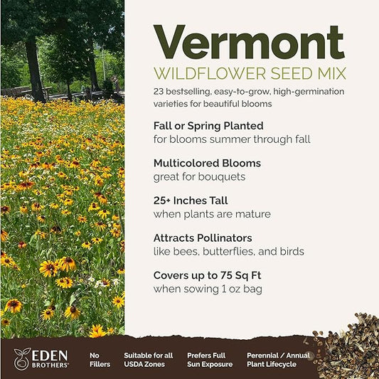 Eden Brothers Vermont Wildflower Mixed Seeds for Planting, 1 oz, 30,000+ Seeds with Cosmos, Cornflower | Attracts Pollinators, Plant in Spring or Fall, Zones