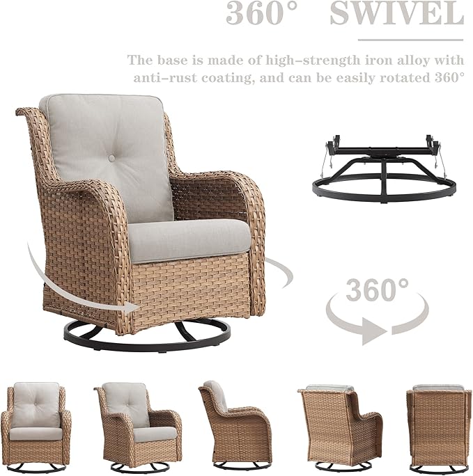 Belord Outdoor Swivel Rocker Patio Chairs - 360 Degree Swivel Glider Seating 350LBS Weight Capacity 3 Piece Wicker Rocking Chairs Set with Side Table for Porch Balcony Deck, Yellow/Beige