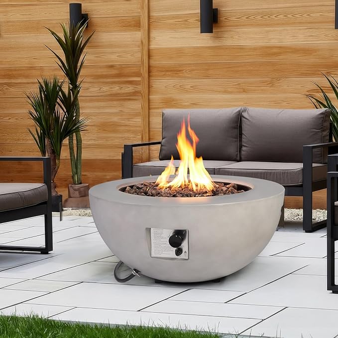 31.5 Inch Round Propane Fire Pit Table - Concrete Round Fire Bowl 50,000 BTU Gas FirePit Burner with Steel Lid, Lava Rocks, Rain Cover for Outside Patio, Backyard, Party