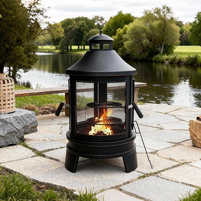 ALAULM Metal Chiminea Fire Pit with Grill, 2 in 1 Firepit with Adjustable Grill Tray & Mesh Spark Screen Door, 3-Door Multi-Access Fireplace for Patio, Garden & Backyard