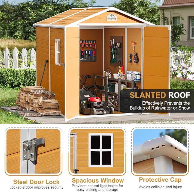 6x8 FT Plastic Resin Shed with Floor, All-Weather Storage Sheds Outdoor with Floor and Window Easy to Install, Large Plastic Sheds & Outdoor Storage for Garden & Backyard, Bright Yellow