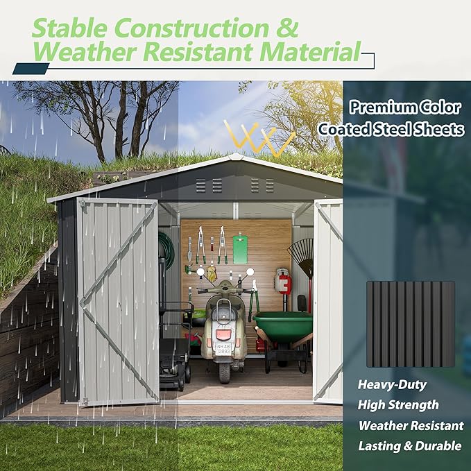 Favfurish 10 x 10 FT Outdoor Storage Shed,Heavy Duty Tool Sheds Metal Storage Garden Shed with Sloped Roof and Lockable Doors,Large Metal Storage Sheds for Backyard Patio Lawn, Black